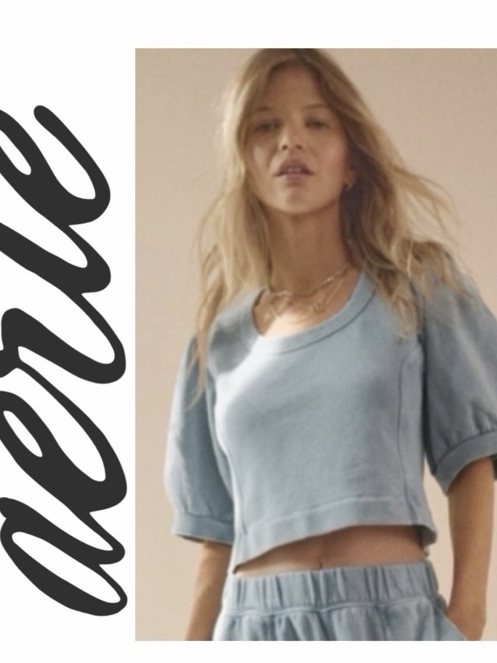 Aerie Seams Right Washed Blue Cropped Puff-Sleeve Sweatshirt Top - Picture 1 of 8